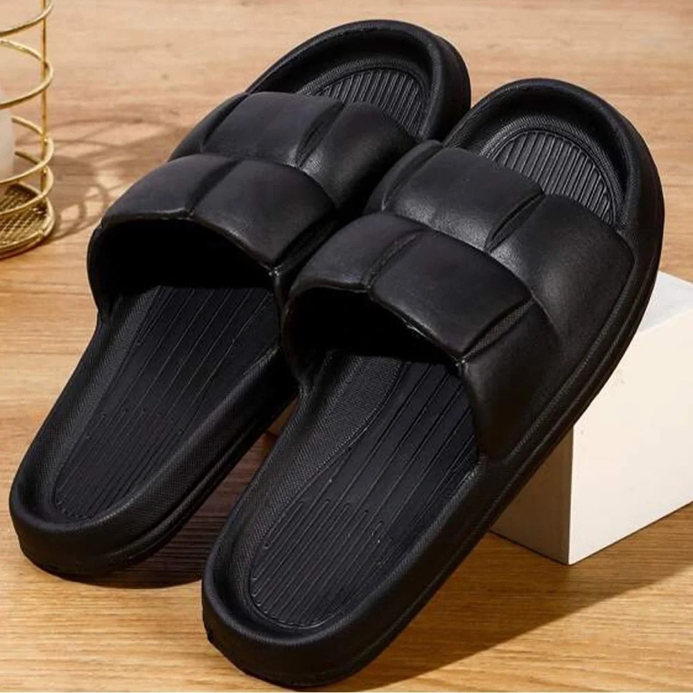 Black Pillow Textured Single Band Slides Pool Shower Platform Shoes